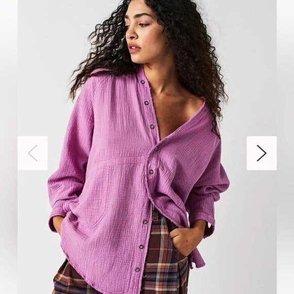 Free People Tops - FREE PEOPLE We the Free Summer Daydream Frayed Button Down Shirt Violet L NWT